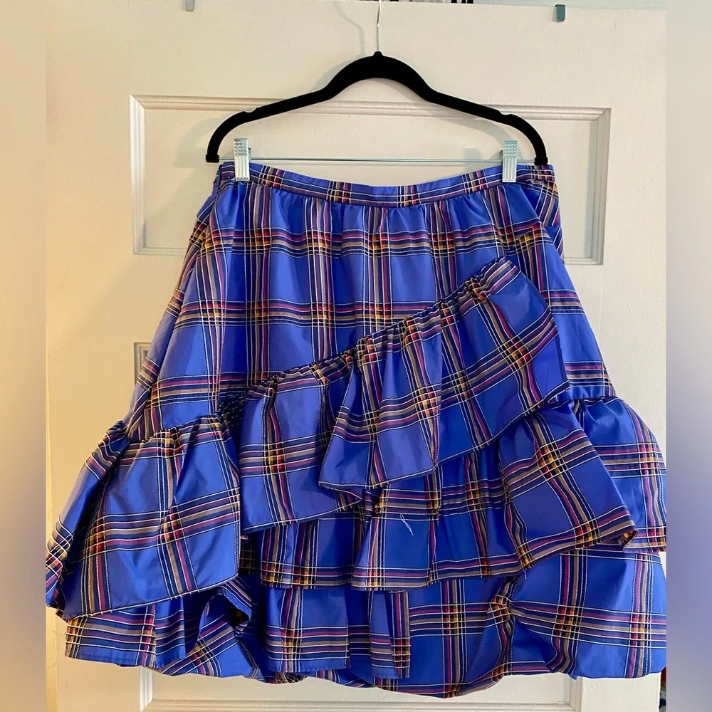 Anthropologie Maeve blue plaid tiered ruffle taffeta bubble skirt - Picture 4 of 5